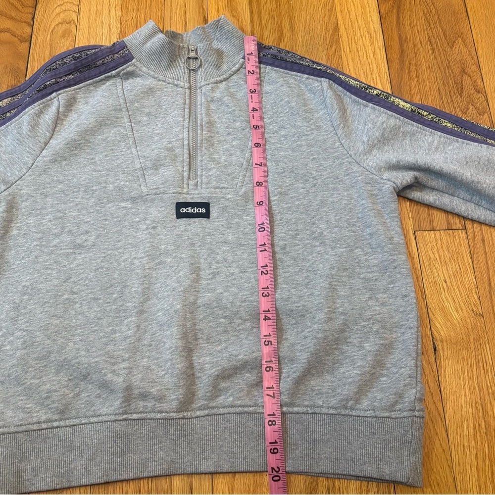 ✨ ADIDAS ✨ Cropped Gray Quarter Zip Sweatshirt Purple Velvet Stripes Size XS - Picture 10 of 10